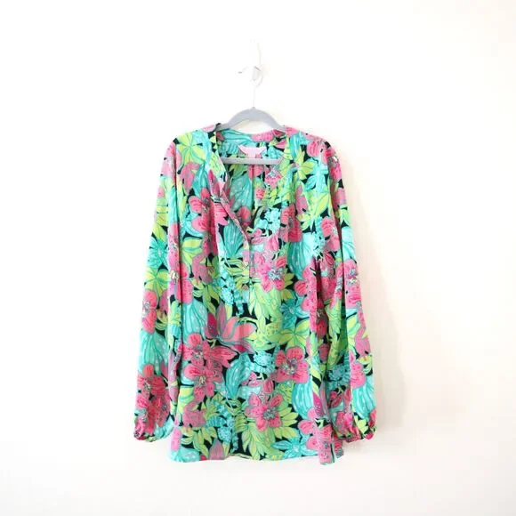 Lilly Pulitzer Size S 100% Silk Elsa Skip On It Top Blouse Frogs Floral - Picture 1 of 13